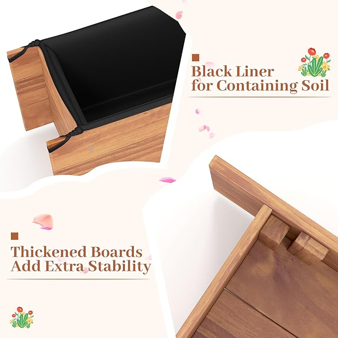 HAPPYGRILL Raised Garden Bed, Wood Flower Planter Box w/4 Drainage Holes, Black Liner for Containing Soil, Indoor Outdoor Wooden Plant Container for Backyard, Patio, Balcony (2,36" x 7" x 6.5")
