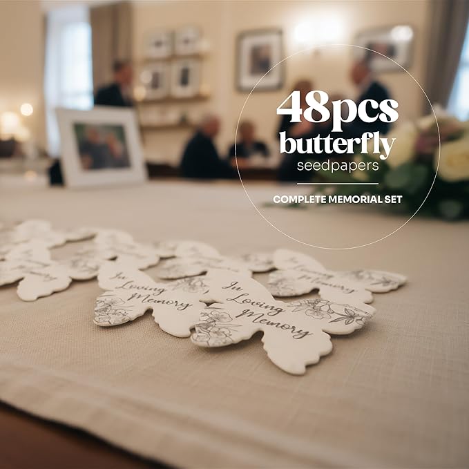 Plantable Wildflower Seed Paper - 48pcs Black & White Butterfly-Shaped for Funeral Favors, Memorial Gifts, & Sympathy Gifts for Loss of Father and Mother