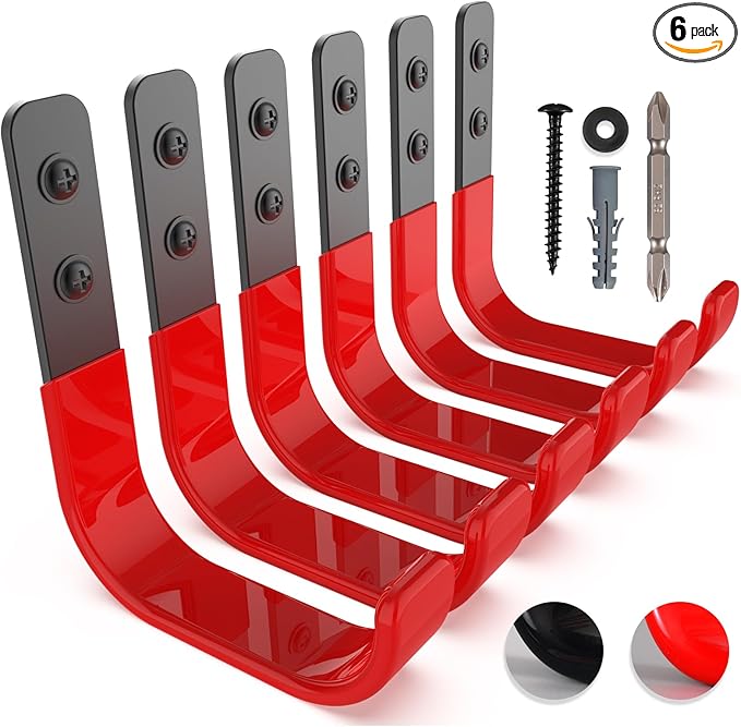 4 Inch Garage Hooks, 6 Pack Heavy Duty Wall Hooks for Hanging, Ladder Hangers for Garage Wall Mount, Steel J Utility Garden Hose Holder Tool Organizers and Storage(55lbs)