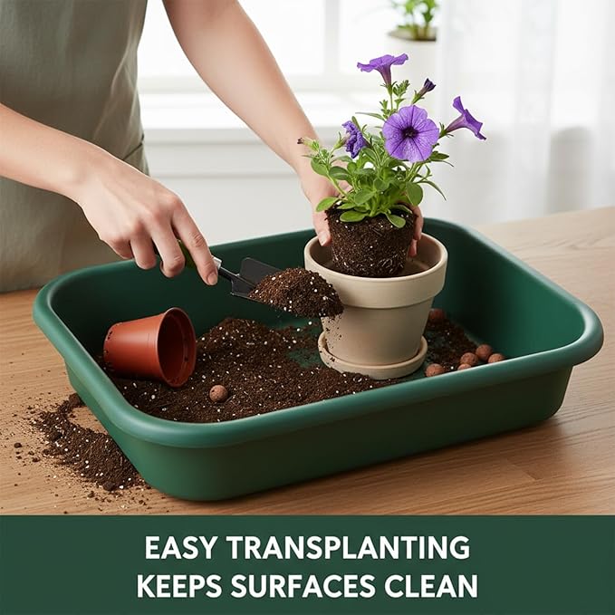 2 Pack Multi-Functional Plant Repotting Tray – Black & Green, Large Capacity Gardening Tool Heavy-Duty PP for Seedling, Pot Moving, Soil Mixing, Hydroponic/Soil Cultivation, Transplanting