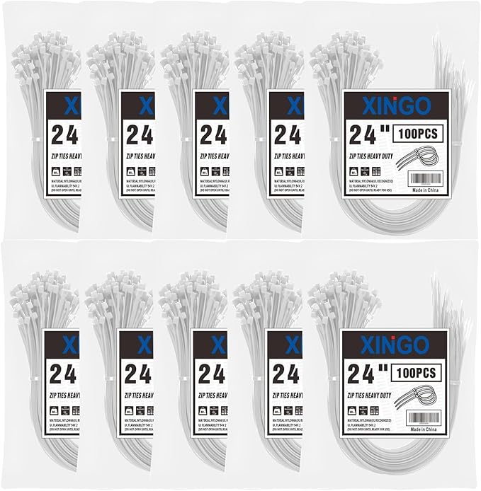 XINGO 1000 PCS 24 Inch White Zip Ties Heavy Duty, 60lb Tensile Strength, UV Resistant Cable Ties for indoor and outdoor use