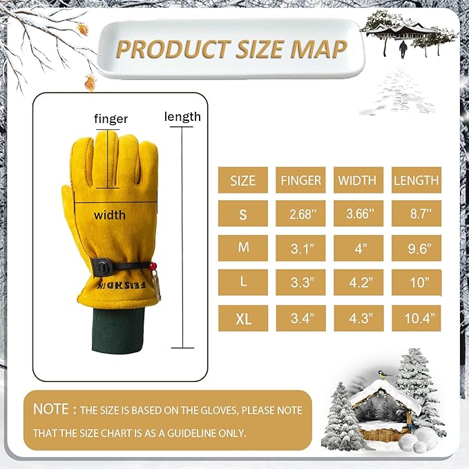 Kids Waterproof Winter Work Gloves, Soft Deerskin Suede Insulated Warm Windproof Genuine Leather Toddler Work Gloves Age 5-14 (Large (8-12 Years Old), Yellow)