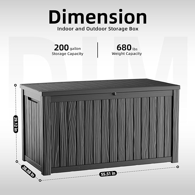 Outdoor Waterproof Resin Storage Deck Box Lockable Outside Bench UV Resistant Bin Patio Porch Furniture Pool Float Garden Tool Cushion (Black, 200 Gallon)