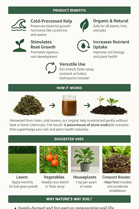Nature’s Way Soil® Liquid Kelp Fertilizer – 1 Gallon/Makes 1890 Gallons | Organic Seaweed Plant Food for Lawn, Garden, Flowers & Vegetables | Cold-Processed | Natural Growth Booster & Soil Revitalizer