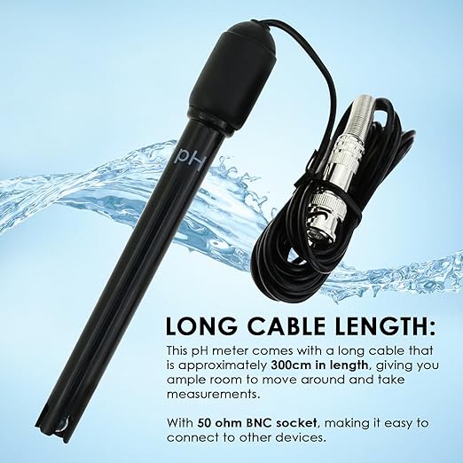 0-14 pH Electrode Probe, pH Meter with Replacement BNC Connector and 300cm Cable Sensor for ph Monitor Controller Tester Meter Kit Set for Aquarium Hydroponics Plant Pool Spa