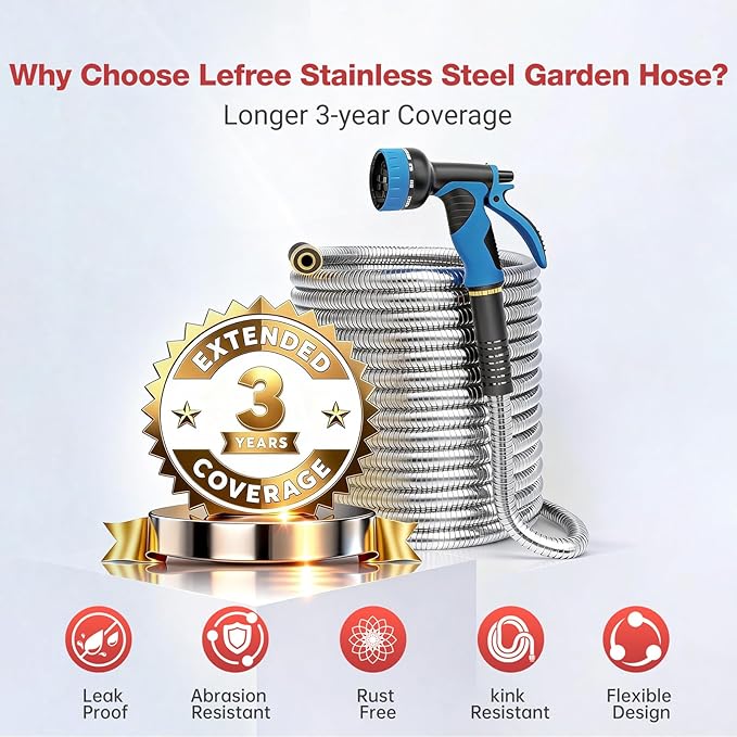 Lefree 75ft Metal Garden Hose - Heavy Duty 304 Stainless Steel Flexible Water Hose, No Kinks & Leak-Proof with Upgraded Handle, 10-Function Spray Nozzle for Yard, Garden, Pet Bath, Outdoor Cleaning