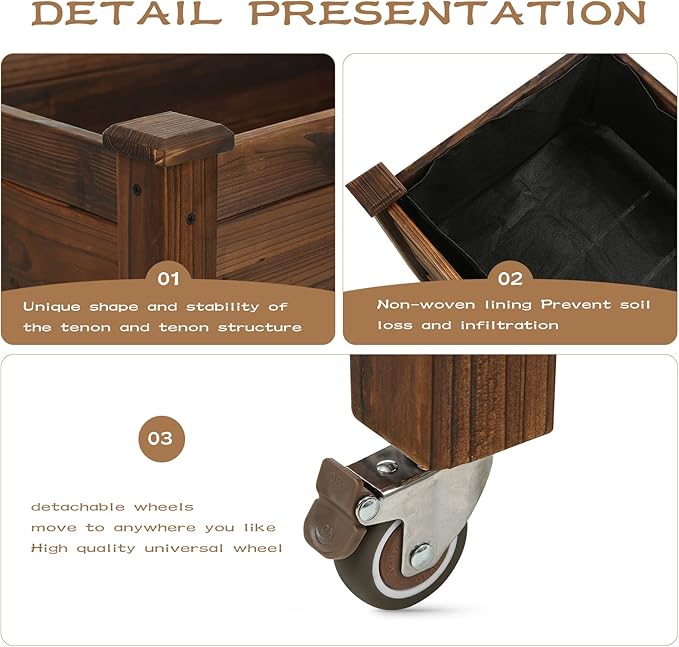Raised Garden Bed 41x21x20-inch Mobile Elevated Wood Planter Lockable Wheels, Outdoor Wood Elevated Planter Box Kit Customized for Children（Brown）