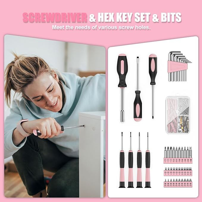 Sundpey Home Tool Kit with Drill - 206PCs Pink Tool Kit with 12V Cordless Power Drill for Household Repair - Portable Basic Pink Tool Box for Women with DIY Hand Tool Set(Screwdrivers & Pliers)
