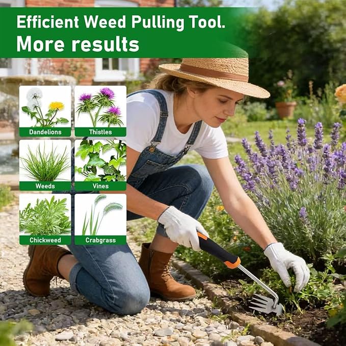 Weed Puller Tool, 2-in-1 Hand Weeder Tool with 4 Sharp Tines & Blade, Manganese Steel Garden Weed Remover, Ergonomic Handle Weeding Tool for Lawn, Yard,Vegetable Garden, Dandelion &Thistle Root Puller