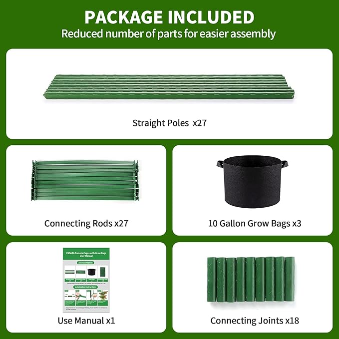 PASARA Tomato Cages with Grow Bags - 50 Inches Tomato Trellis for Raised Garden Bed, 3-Pack Tomato Plant Support, with 10 Gallon Plant Grow Bags, Reusable and Height Adjustable