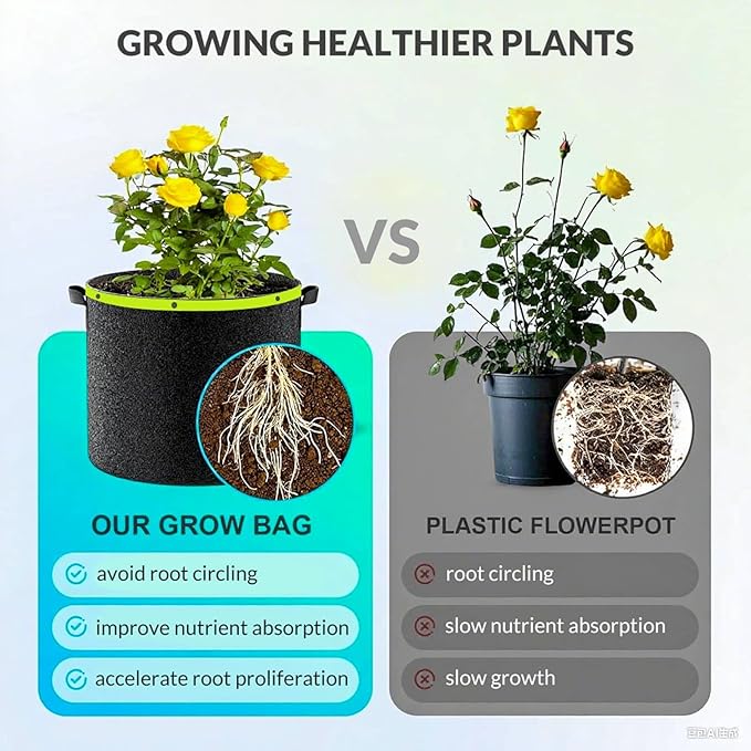 Grow Bags 6 Pack 2MM 400G More Heavy Duty Thickened Nonwoven Garden Plant Fabric Pots (Black, 10 Gallon)