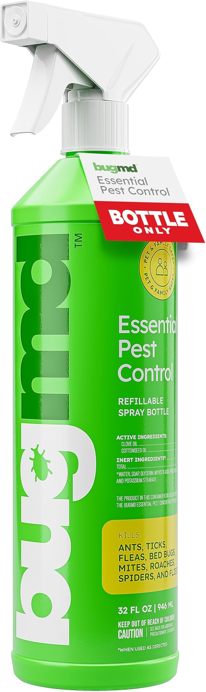 BugMD Empty Refillable Spray Bottle 32 oz. for Use Pest Control Essential Oil Concentrate (Sold Separately), Spray Bottle with 3 Sprays Modes