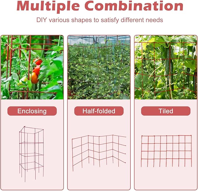 DoCred 4 Pack Tomato Cage, Folding Tomato Cage Heavy Duty Metal Square Tomato Cages Coated Steel Garden Plant Support Stake Tower for Climbing Vegetables, Plants, Flowers, Steel Red
