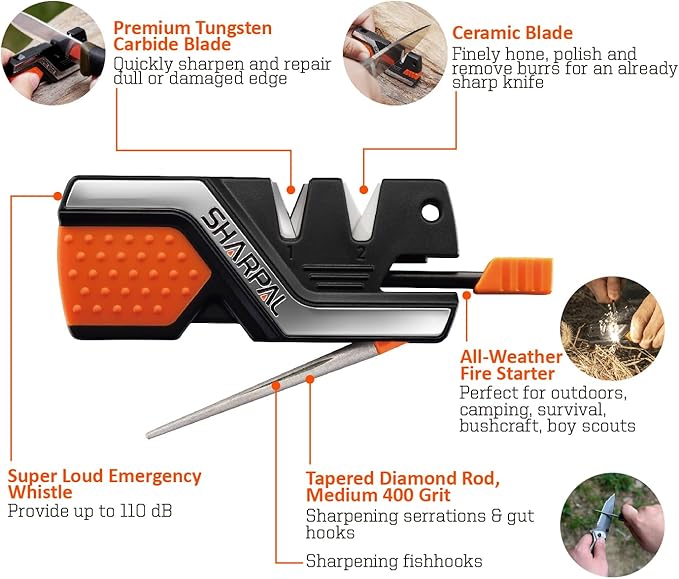 SHARPAL 101N 6-in-1 Pocket Knife Sharpener & Survival Tool – Diamond Sharpening Rod, Fire Starter Ferro Rod, Whistle – Sharpens Straight & Serrated Blades, Repairs & Hones Knives