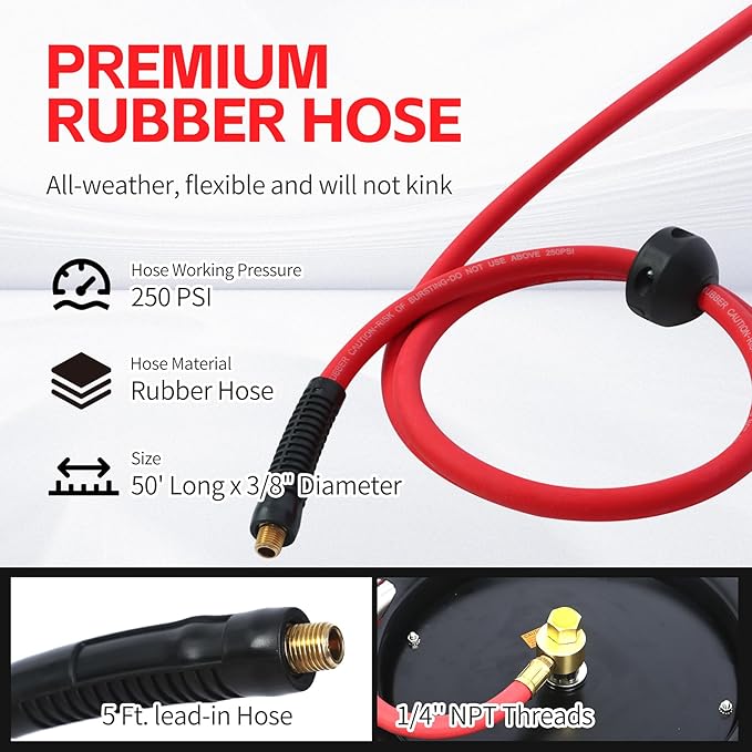 MaxWorks 50 Foot Auto Rewind Retractable Air Hose Reel with 3/8" Rubber Hose 250 PSI Heavy Duty Steel Spring Multi Position Ratchet and Solid Brass Fittings for Garage and Workshop (80720)