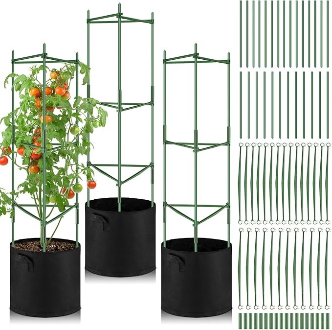 3 Pack 47" Tomato Cages with 10 Gallon Grow Bag Adjustable Tomato Cages for Garden Trellis Pots for Potted Plants Vertical Climbing Vegetables Outdoor Indoor