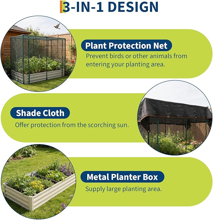 Galvanized Raised Garden Bed with Cover and Shade Cloth Kit, Open Base Design, Outdoor Metal Planter Box for Growing Vegetables Vegetables, 6 x 3 x 1 ft