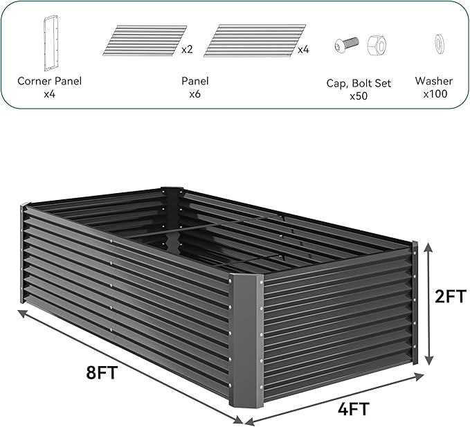 YITAHOME 8x4x2ft Raised Garden Bed Kit, Outdoor Large Metal Patio Planter Box with 2 Gloves, Ground Nails, Support Rod, and Safe Edge Curling Design for Plants Vegetables Flowers, Dark Gray