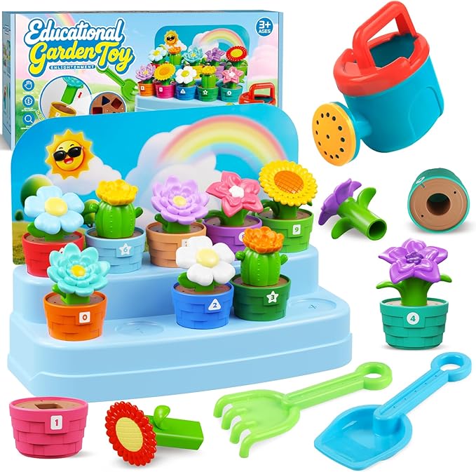Marlrin Montessori Flower Garden Building Toy for Toddlers, Kids Gardening Set with Watering Can, Shovel, Rake, Shape & Color Sensory Toys, Toddler Outdoor Toys,Preschool Gift for Baby Girls Boys