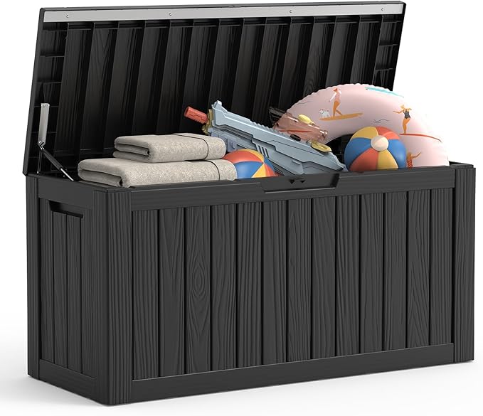Outdoor Deck Storage Box, 90 Gallon Waterproof Deck Box, Resin, Lockable Patio Storage Box for Pool Accessories, Garden Tools, Cushion, Large Package Delivery，Weatherproof & UV-Resistant Storage Bench