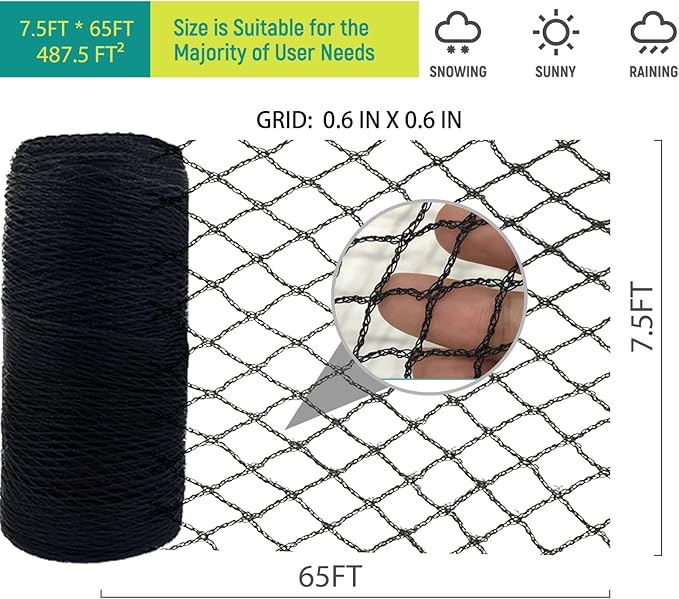 Heavy Duty Bird Netting Mesh - 7.5FT*65FT Lightweight 0.6” Mesh Breathable Pest Protection for Vegetable Garden Raised Beds Potted Plants Organic Gardens Easy to Install