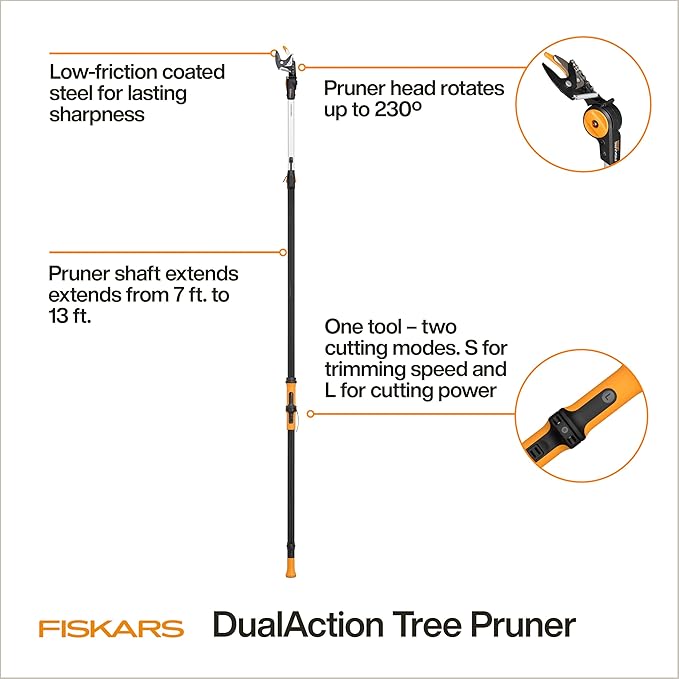 Fiskars DualAction Tree Pruner – Telescoping Tree Pruner with Dual Cutting Modes, Extendable 13 ft Reach, 32 mm (1.25") Cutting Capacity