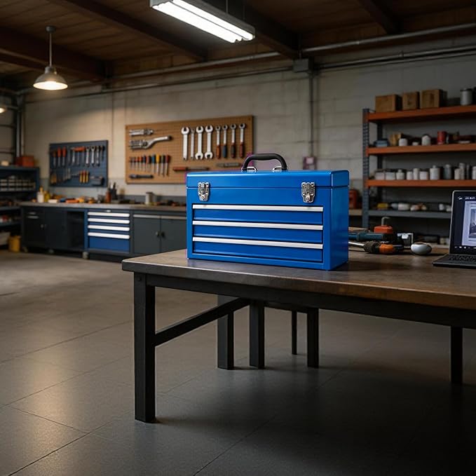 3 Drawer 20“ Metal Tool Box Portable Steel Tool Chest with Metal Latch Closure for Garage, Home and Workbench, Blue