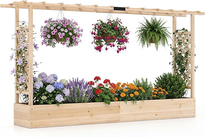 Giantex Wooden Raised Garden Bed with Trellis & Hanging Roof, Fir Wood Planter Box, 45” Freestanding Elevated Garden Bed for Outdoor Climbing Plants Vegetables Flowers, Patio & Balcony, Natural