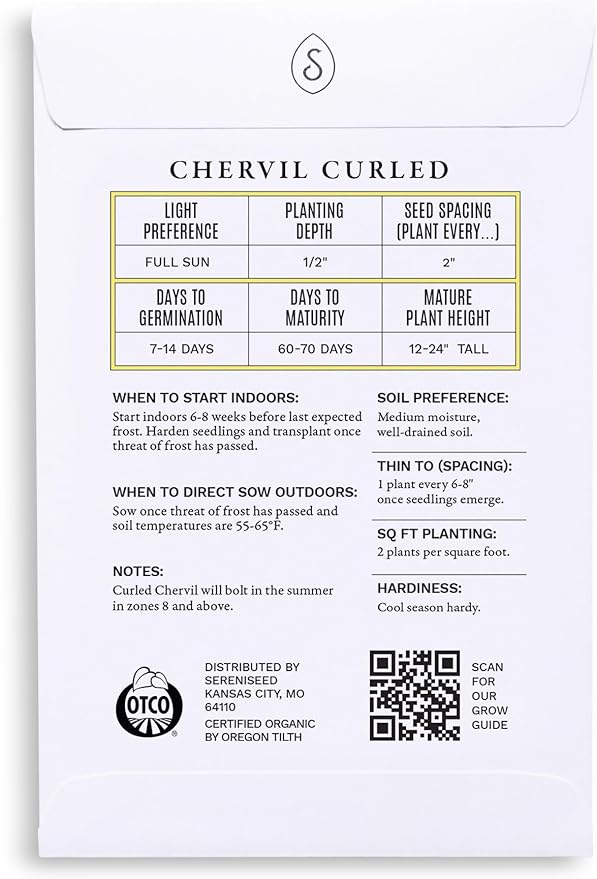 Sereniseed Certified Organic Curled Chervil Seeds – Non GMO, Heirloom – Seed Starting Video – Seeds for Indoor and Outdoor Planting (Anthriscus cerefolium)