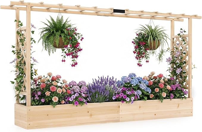 S AFSTAR Raised Garden Bed with Trellis, 2-in-1 Fir Wood Planter Box with Flat Roof & Drainage Holes, Vertical Planter Raised Bed for Climbing Plants, Flowers & Vegetables, 87" x 14" x 45" (Natural)