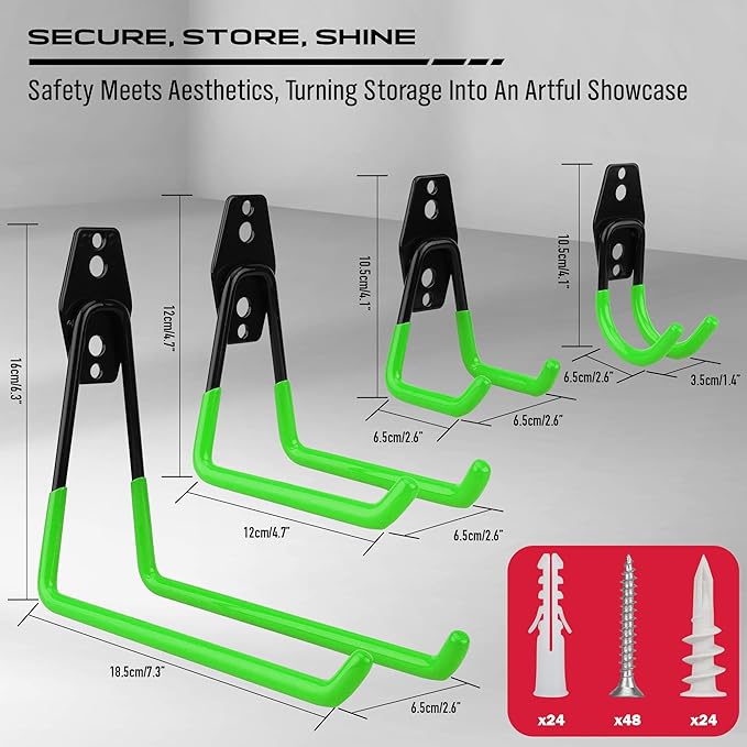 15-Piece Garage Wall Hooks with 3 Extension Straps, Green Heavy Duty Tool Storage Rack for Ladder, Bike, Shovel, Garden Tools, Metal Wall Mount Organizer Set