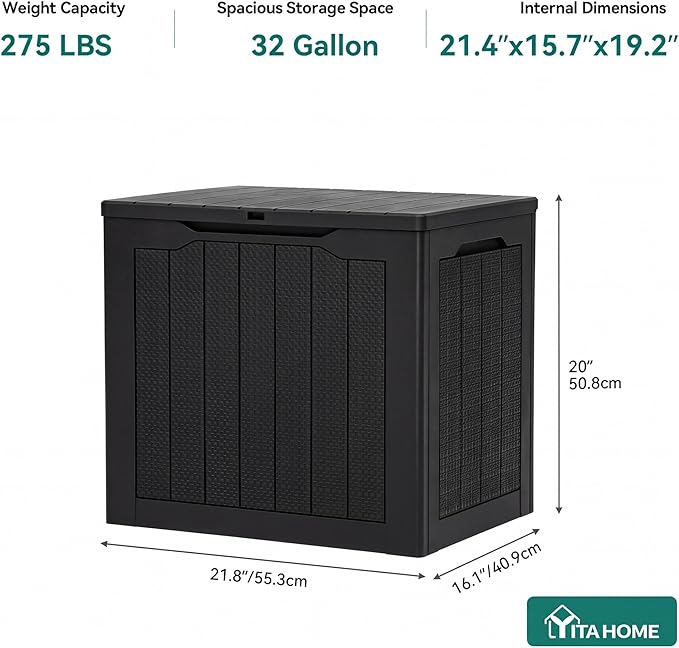 YITAHOME 32 Gallon Outdoor Storage Box, 2-Pack Water Resistant Resin Deck Box, Indoor Outdoor Lockable Storage Container for Patio, Garden, Cushions, Tools, Equipment (Dark Black)