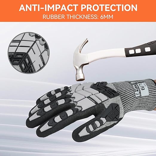 Safety Work Gloves, Impact Gloves for Men Women, Cut Resistant Non-Slip Heavy Duty Gloves with Nitrile Grip, Touch Screen Glove with Impact Protection for Mechanic Construction, Medium, Grey