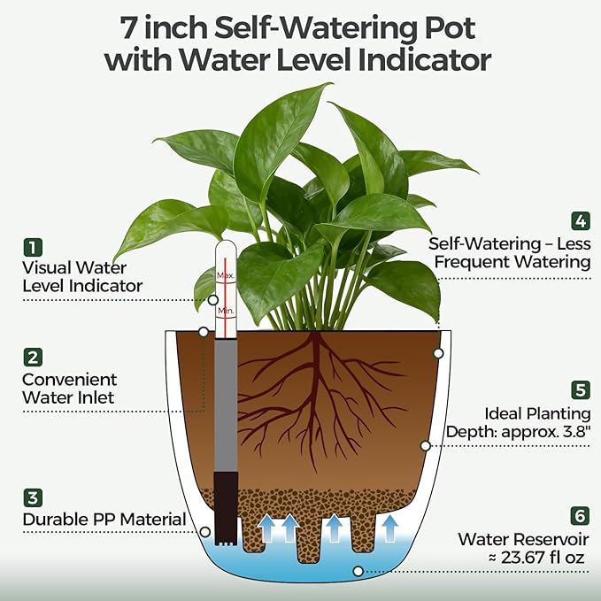 T4U Self Watering Pots for Indoor Plants, 7 Inch Self Watering Planters with Water Level Indicator, Bottom Watering African Violet Pots for Beginners & Busy Plant Owners, BPA-Free (2 Pack, White)