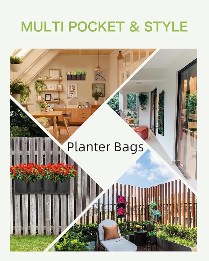AYNEFY 4Pcs 4 Pocket Hanging Planter Bags, Wall Mounted Reusable Degradable Felt Garden Planter Plant Grow Bag Outdoor Indoor Gardening Vertical Greening Flower Container, Planting Bags (Black)