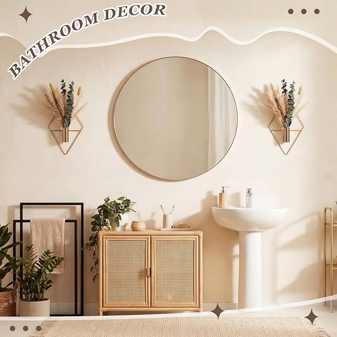 Jexine 4 Pcs Hanging Planters with Artificial Pampas Metal Hanging Vase Indoor Plants Holder Modern Geometric Boho Bathroom Wall Decor for Living Room Home Office, Antique Copper