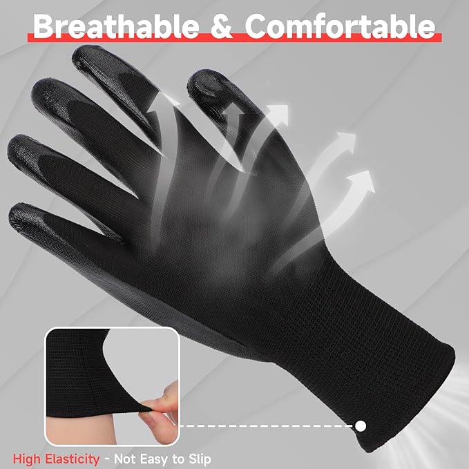 Black Nitrile Coated Work Gloves - 12 Pairs Reusable Winter Work Gloves Men Grip, Construction Tools for Working, Gardening, Fishing, Reusable Heavy Duty Firm Grip Nitrile Gloves XL