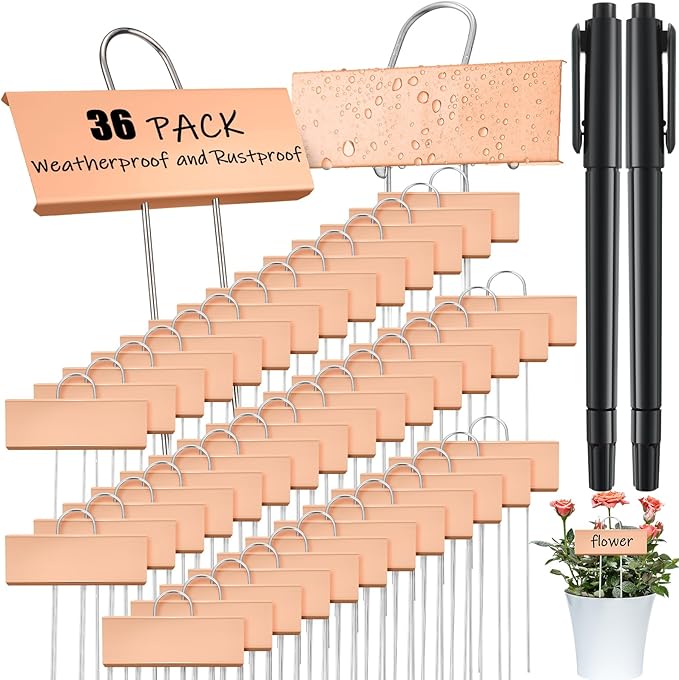 Maitys 38 Pcs Metal Garden Markers Plant Label Stakes Outdoor Weatherproof 10.6 Inch Stainless Steel Nursery Tags Bulk with Pens (Rose Gold Label with Black Ink)
