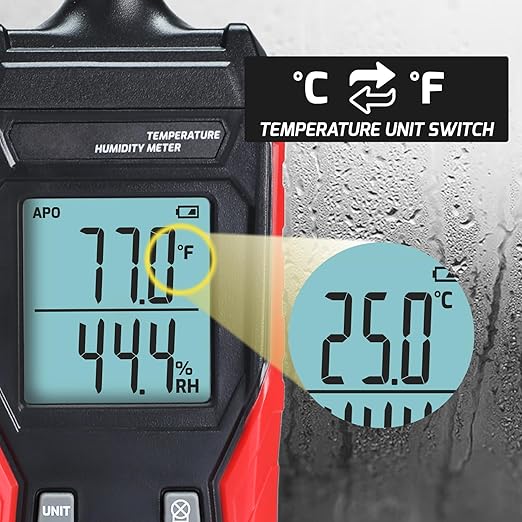 Humidity and Temperature Meter Digital Temperature&Humidity Meter, High Precision Psychrometer with 0-100% Relative Humidity, -4°F-140°F Ambient Temperature, Large LCD Backlight, Hold Max Min Display