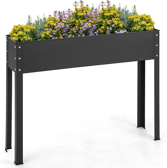 Giantex Raised Garden Bed, Metal Planter Box with Legs, Drain Hole, Outdoor Indoor Elevated Garden Box for Vegetable Flower Herb Fruit, Standing Raised Beds for Backyard Porch Balcony Black