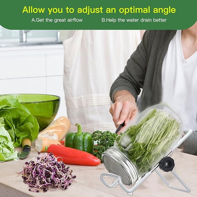 Sprouting Lids Growing Kit - 316 Stainless Steel Sprouting Lids for 86mm Wide Mouth Mason Jar with Adjustable White Stands - Organic Sprouts, Broccoli, Alfalfa Mung Bean Sprout Kit (Set of 4)