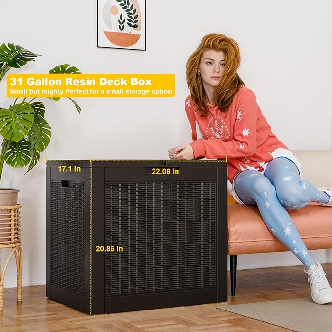 31 Gallon Wicker Pattern Resin Deck Box, Lockable Patio Outdoor Storage Box for Furniture, Garden Tools and Tools Storage, Waterproof Outside Storage Box (Black)