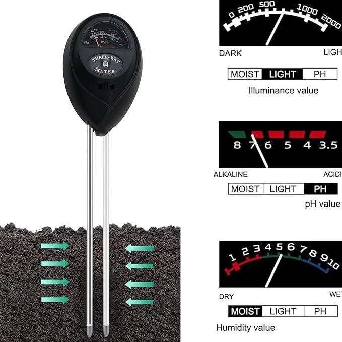 Soil pH Meter, 3-in-1 Soil Test Kits with Moisture,Light and PH Tester for Garden, Farm, Plant, Outdoor, Indoor, Lawn Care, Water Soil, Soil Hygrometer Sensor for Gardening, Indoor & Outdoor Plants