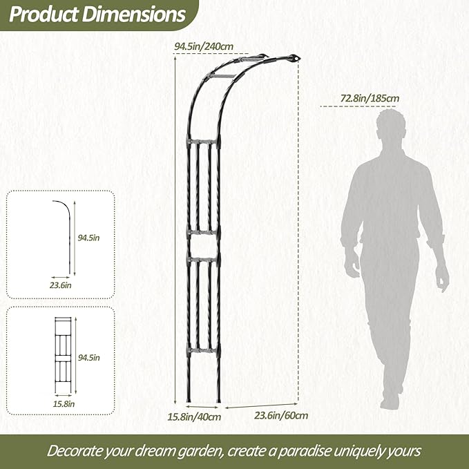 Half Garden Arch - Wall Trellis for Climbing Plants Outdoor, Metal Arch with Plastic-Coated Steel Pipe, Arbor Trellis for Lawn, Patio, Backyard Decorations, 24in(L)*94.5in(H)