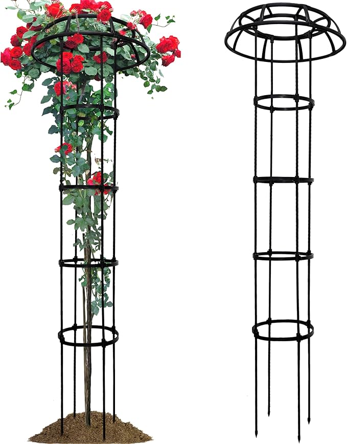 4-Ring Mushroom Top Trellis for Climbing Plants, 65 Inch Tall Adjustable Plant Support for Outdoor Indoor Garden, Sturdy Metal Core with Plastic Coating, Black