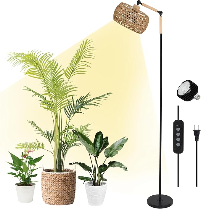 HMVPL Grow Lights for Indoor Plants Full Spectrum, Plant Lights for Indoor Growing with 20W COB Grow Blub, Rattan Shade, Timer, Standing Tall Grow Lamp for Middle Large Plants(75'', Height Adjustable)