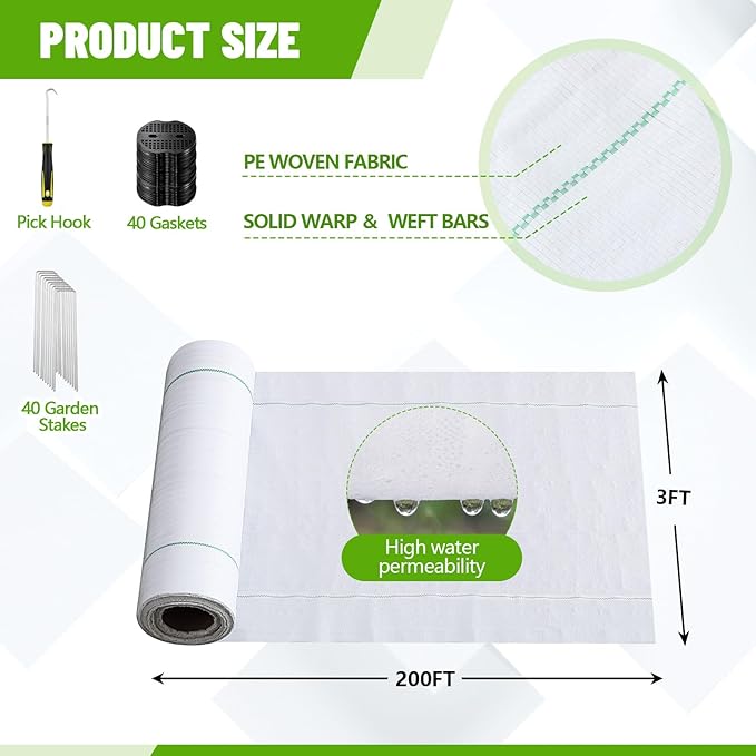 3.2 oz 3 x 200 ft White Landscape Fabric Heavy Duty Weed Barrier Fabric Landscaping Woven UV Resistant Ground Cover with 40 Gaskets 40 Garden Stakes Pick Hook for Gardening Farming