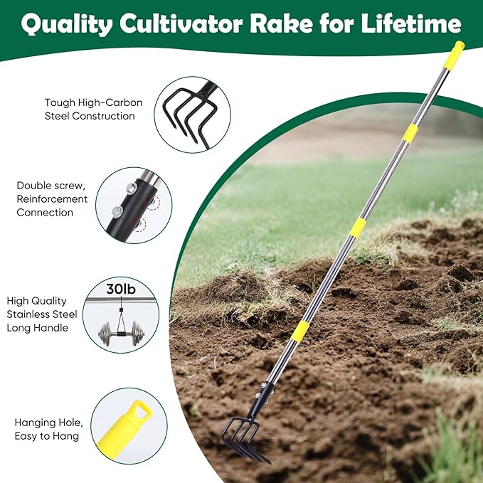 Garden Hand Tiller Cultivator, 4-Tine Adjustable Long Handle, Heavy Duty Weeding Tool for Raised Beds, Rust-Resistant Soil Loosener for Flower & Vegetable Gardens