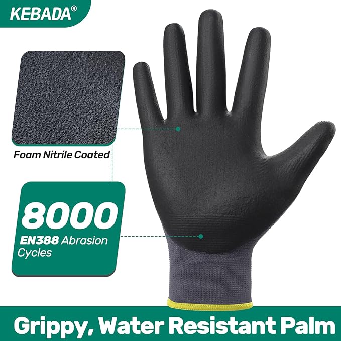 Kebada W5 Work Gloves Bulk Pack (60 Paris), Foam Nitrile Coated Working Gloves with Grip, Ultra Stretchable Spandex Knit Gloves for Gardening and Light Duty Mechanic Work, Large (Made in Vietnam)