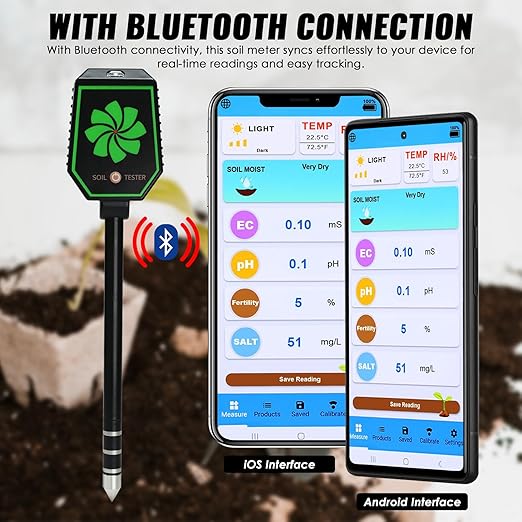 Soil Moisture Meter, 8-in-1 Bluetooth Soil Meter pH/EC/Fertility/Moisture/Salt/Light/Humidity/Temperature Monitoring with Data Logging and Calibration for Gardening, Farming, Indoor and Outdoor Plants